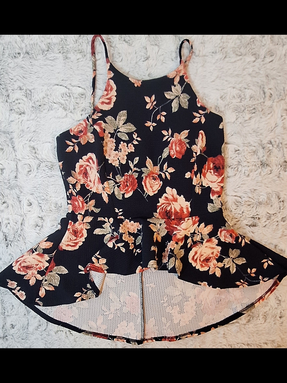 a'gaci Black Floral Peplum Cami with Rose Print S